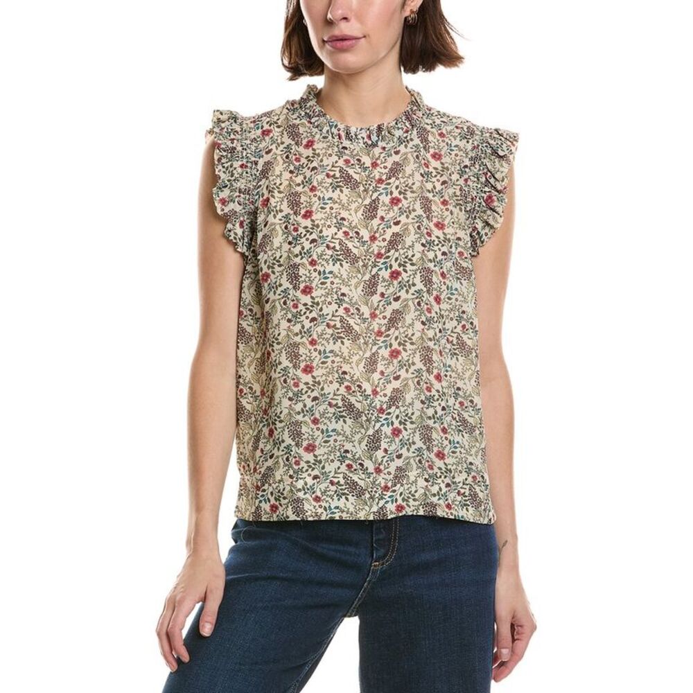 T Tahari Womens Shirred Ruffle Sleeve Printed Woven Top